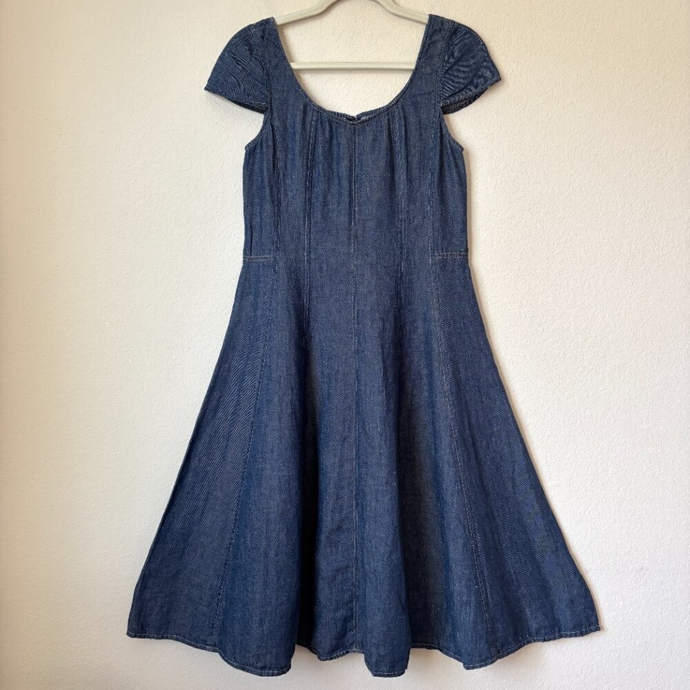 Talbots Linen Bardot Chambray Denim Fit and Flare Midi Dress